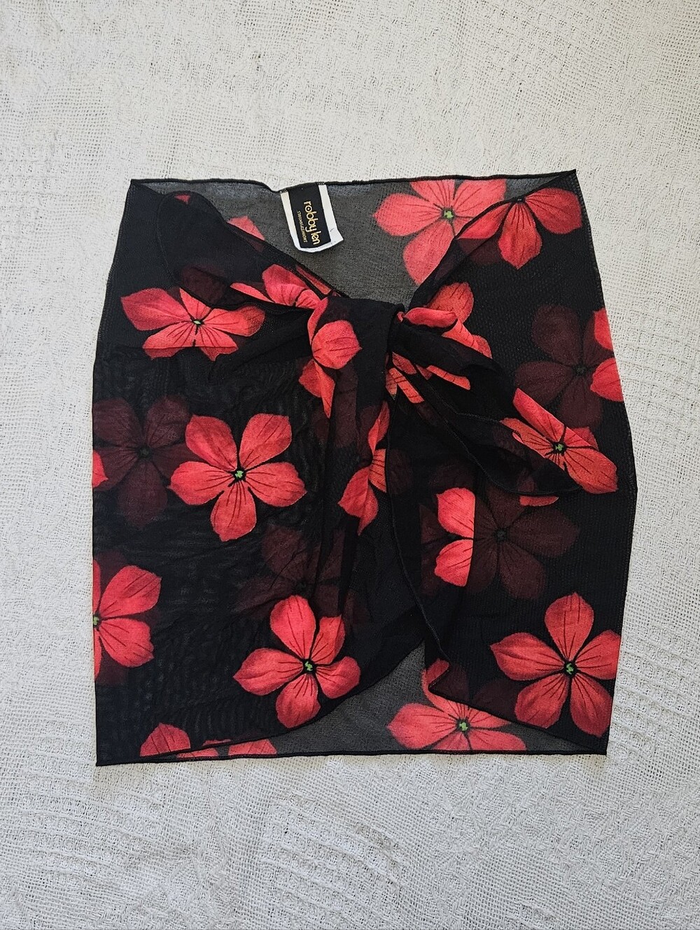 Vtg Robby Len Swimfashions Sheer Sarong Swim Coverup Black Red Floral OS